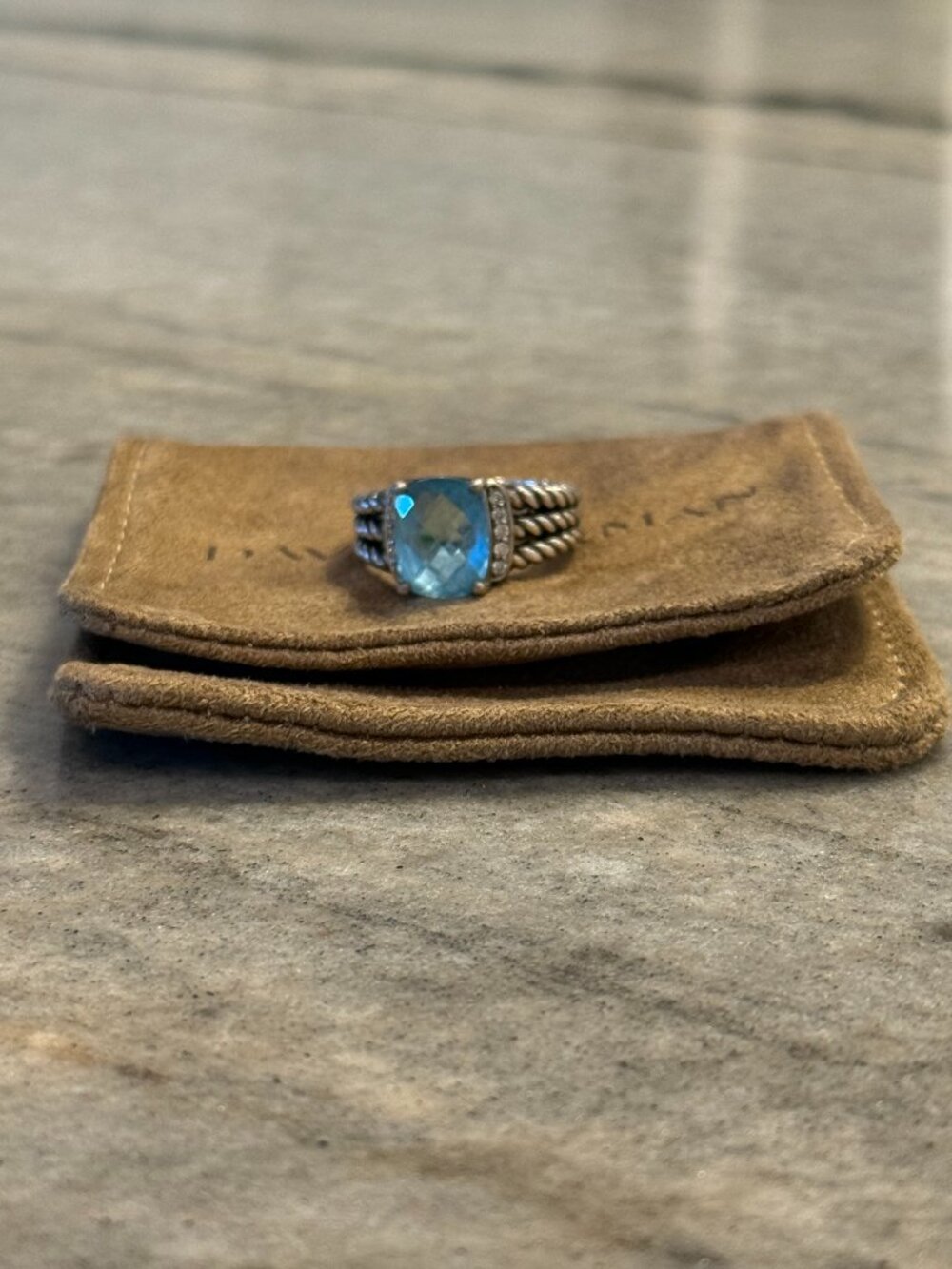 David Yurman Petite Wheaton Ring Blue Topaz & Diamonds Sterling Silver